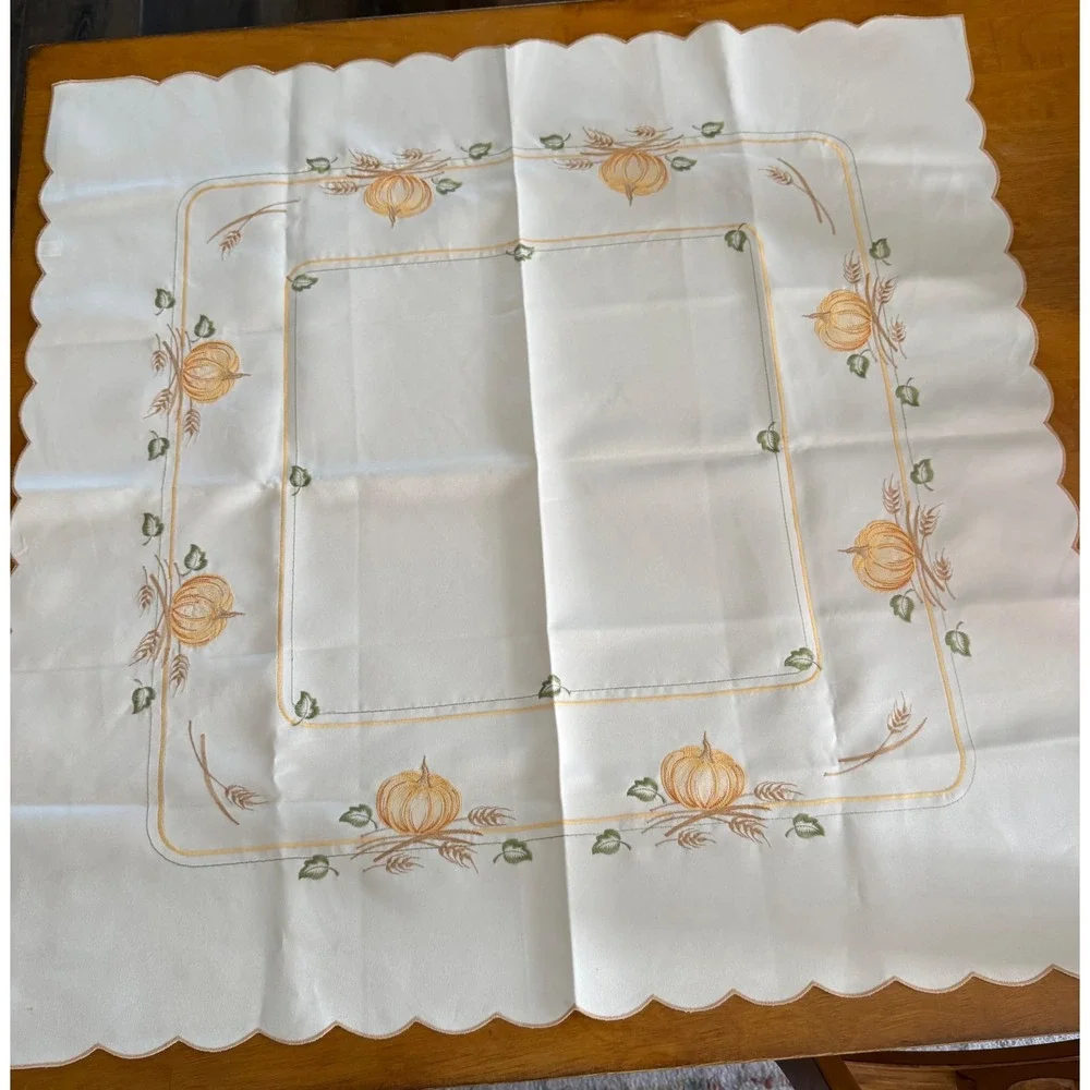 White Square Pumpkin Embroidered Tablecloth Scalloped Edge Harvest Fall Decor